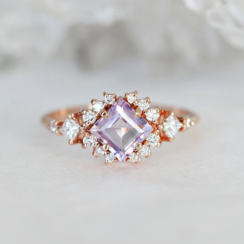 Lavender Amethyst Ring with Diamond Clusters