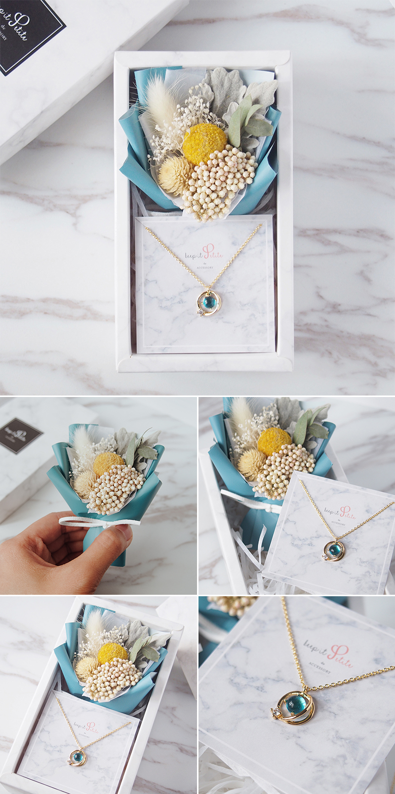 Blue Ring Necklace with Bunny Tail and Billy Ball Bouquet Gift Set