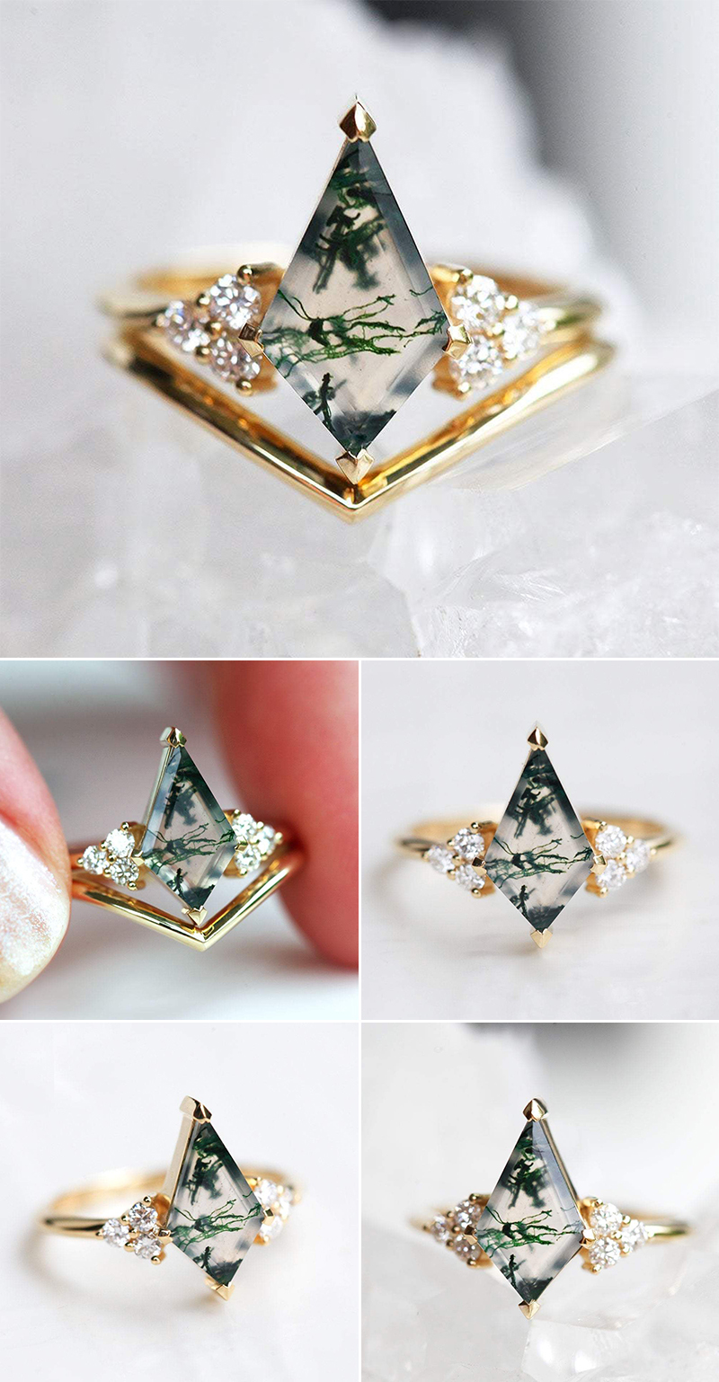 Moss Agate Diamond Ring Set